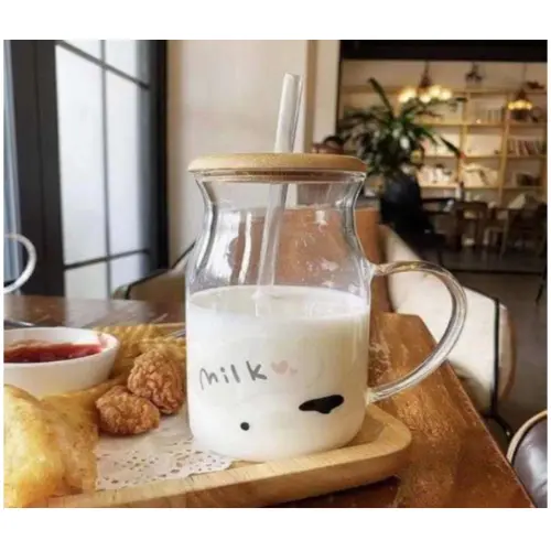 500ML GLASS CUP W HANDLE, COVER & STRAW 