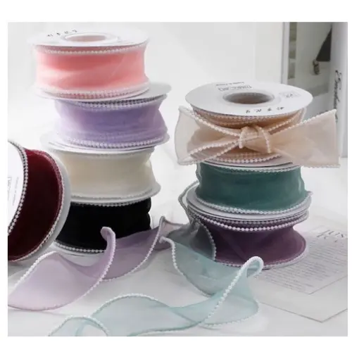  1.5" PEARL EDGED POLYESTER RIBBON  COLORS: GOLD, PINK, BEIGE, BLACK, WHITE, MAUVE, PURPLE-SIZE: 5 YARDS  