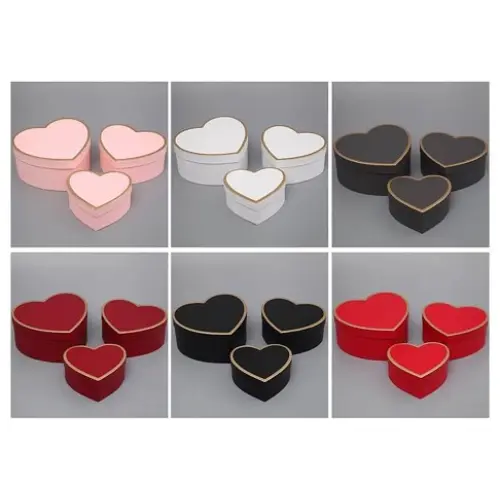 3PCS GOLD RIM HEART  SHAPED BOXES  COLORS: BLACK, BURGUNDY, PINK,  RED   CASE QUANTITY: 36  SIZE: S - 6*5.5*2"            M - 7*7*3" L - 9*8*3.5"