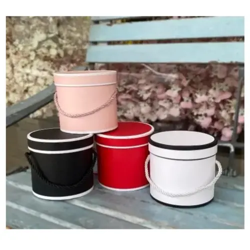 CYLINDER LIKE GIFT BOX  COLORS: BLACK, BLUSH, RED,  WHITE   CASE QUANTITY: 100 SIZE: 4.5"