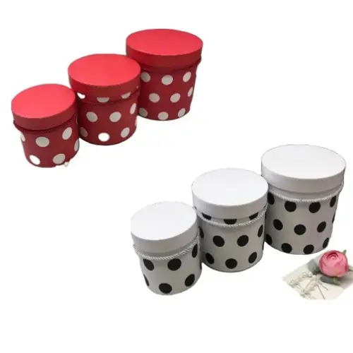 3PCS ROUND GIFT BOXES COLORS: BLACK, RED, PINK,  WHITE  CASE QUANTITY: 18 SIZE: S - 7*5" M - 9*6"  L - 10*6"