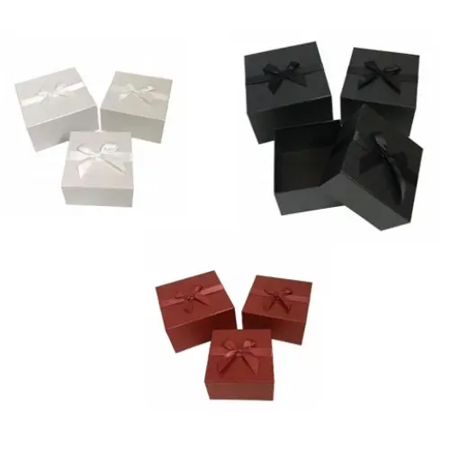 3 PCS SQUARE BOXES COLORS: BLACK, BLUSH GOLD,  RED  CASE QUANTITY: 18 SIZE: S - 7*5" M - 9*6"  L - 10*6"