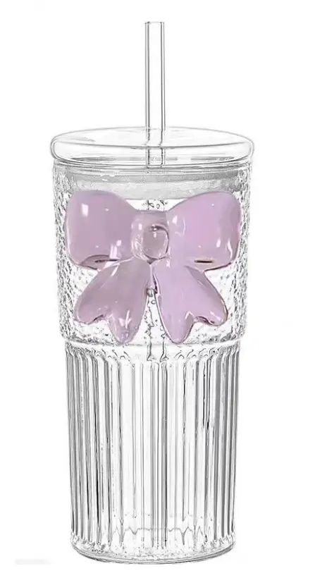 3D PINK BOW GLASS CUP INCLUDING STRAW AND LID 