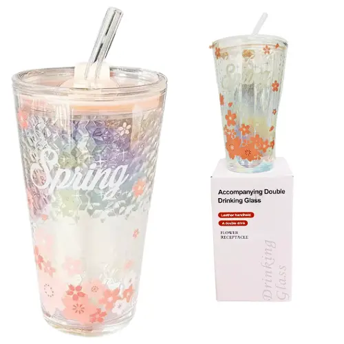 FLORAL GLASS CUP W STRAW  