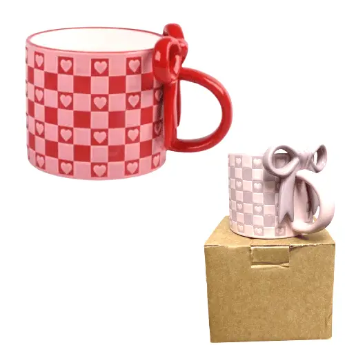 CERAMIC MUG W STYLISH  BOW  COLORS: PINK, RED   