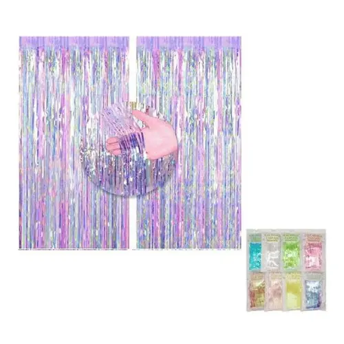 40" IRIDESCENT TONED FOIL  FRINGE CURTAIN COLORS: DARK BLUE, GOLD,  GREEN, LIGHT BLUE, PINK, ROSE  GOLD, SILVER