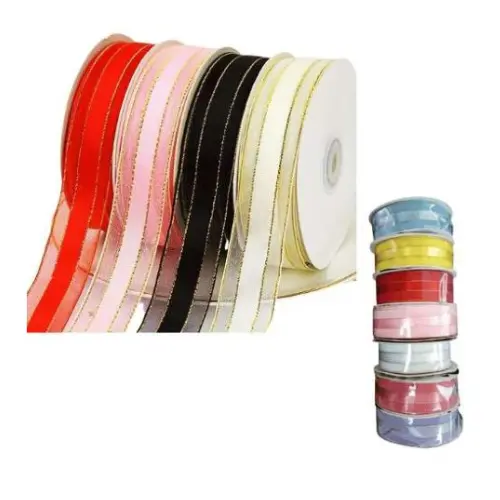 1.5" GOLD LINING POLYESTER  RIBBON  COLOR: DARK PINK, LIGHT BLUE,  LIGHT PINK, LILAC, RED, WHITE,  YELLOW 