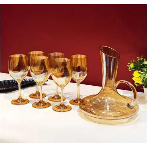 6PCS IREDESCENT GOLDEN  WINE GLASSES & DECANTER