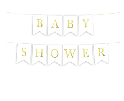 "BABY SHOWER" FLAG BANNER  - BLUE, PINK, WHITE W/GOLD 