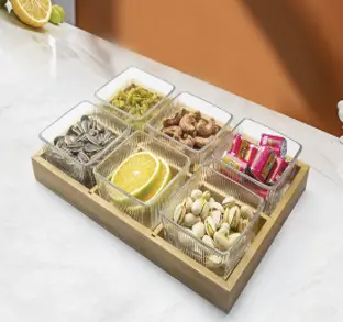 6 PCS CRYSTAL DESSERT BOWL  SET WITH LIDS & WOODEN  TRAY