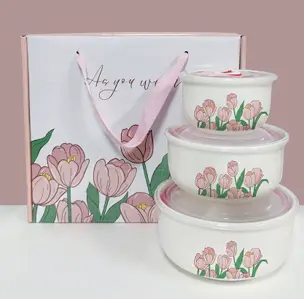 3 PCS BOTANICAL CERAMIC  BOWL SET W LID