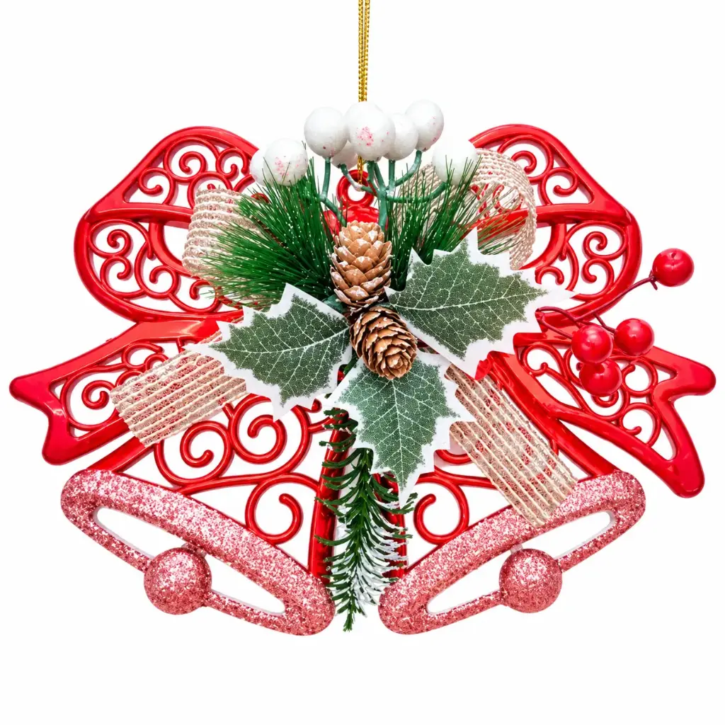 FESTIVE RED CHRISTMAS  BELLS HANGING ORNAMENT-10"