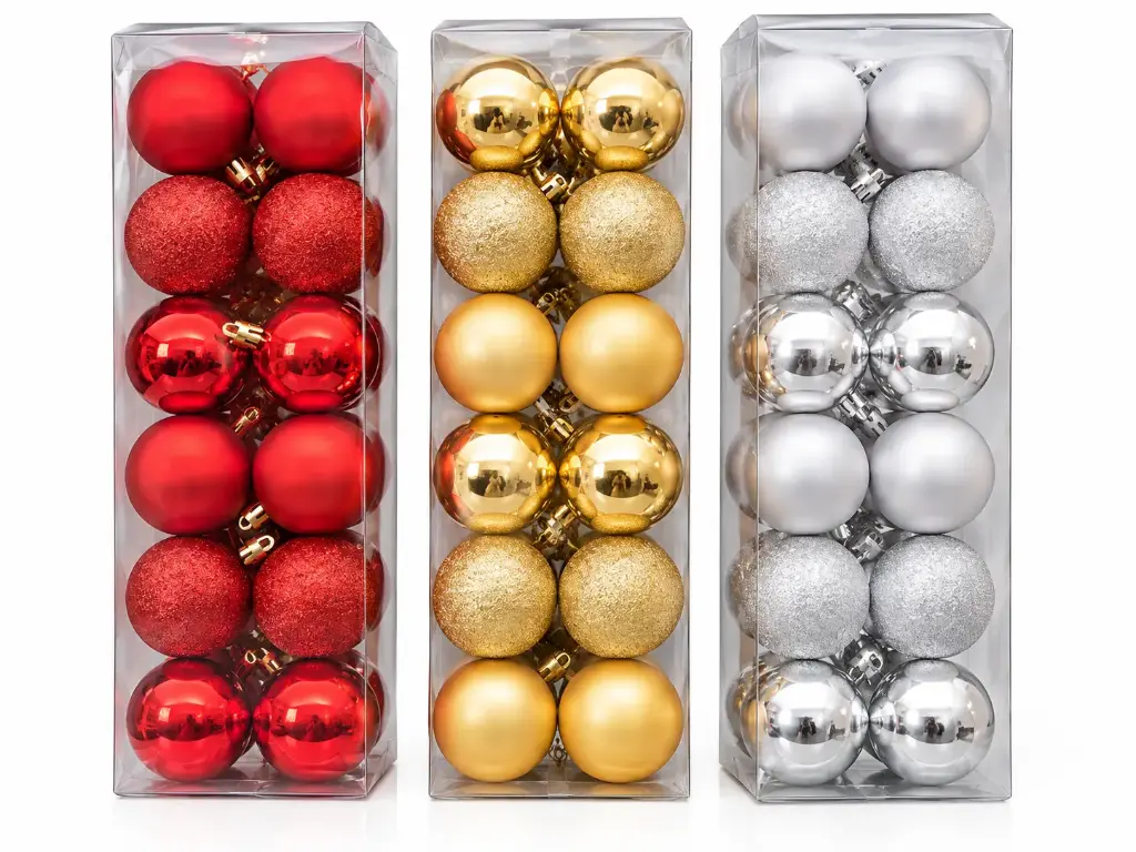 26 PCS 2" CHRISTMAS BALLS  ASSR Colors: Red, Gold, Silver
