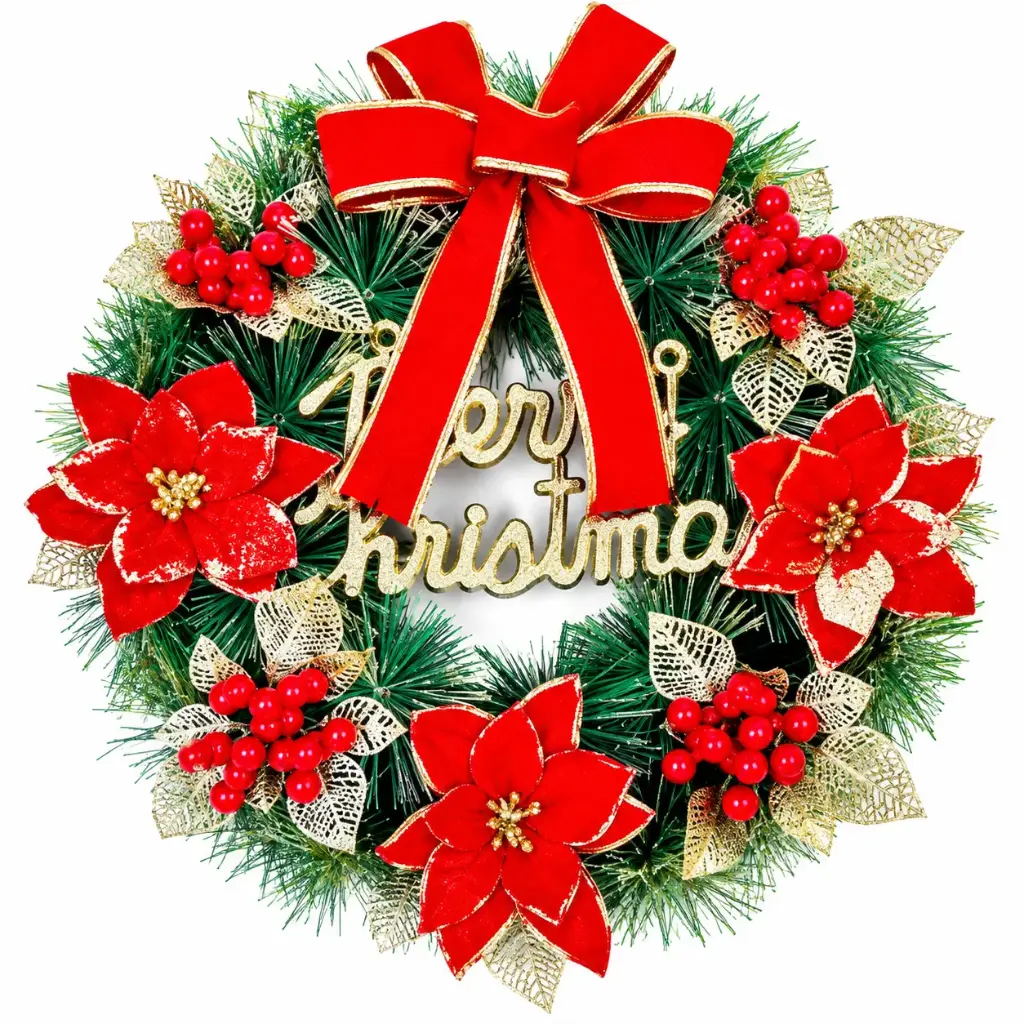 15" CLASSIC "MERRY  CHRISTMAS" POINSETTIA  WREATH