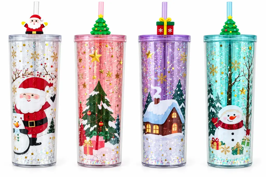 FESTIVE CHRISTMAS  TUMBLER WITH LID & STRAW  ASSR-720ML