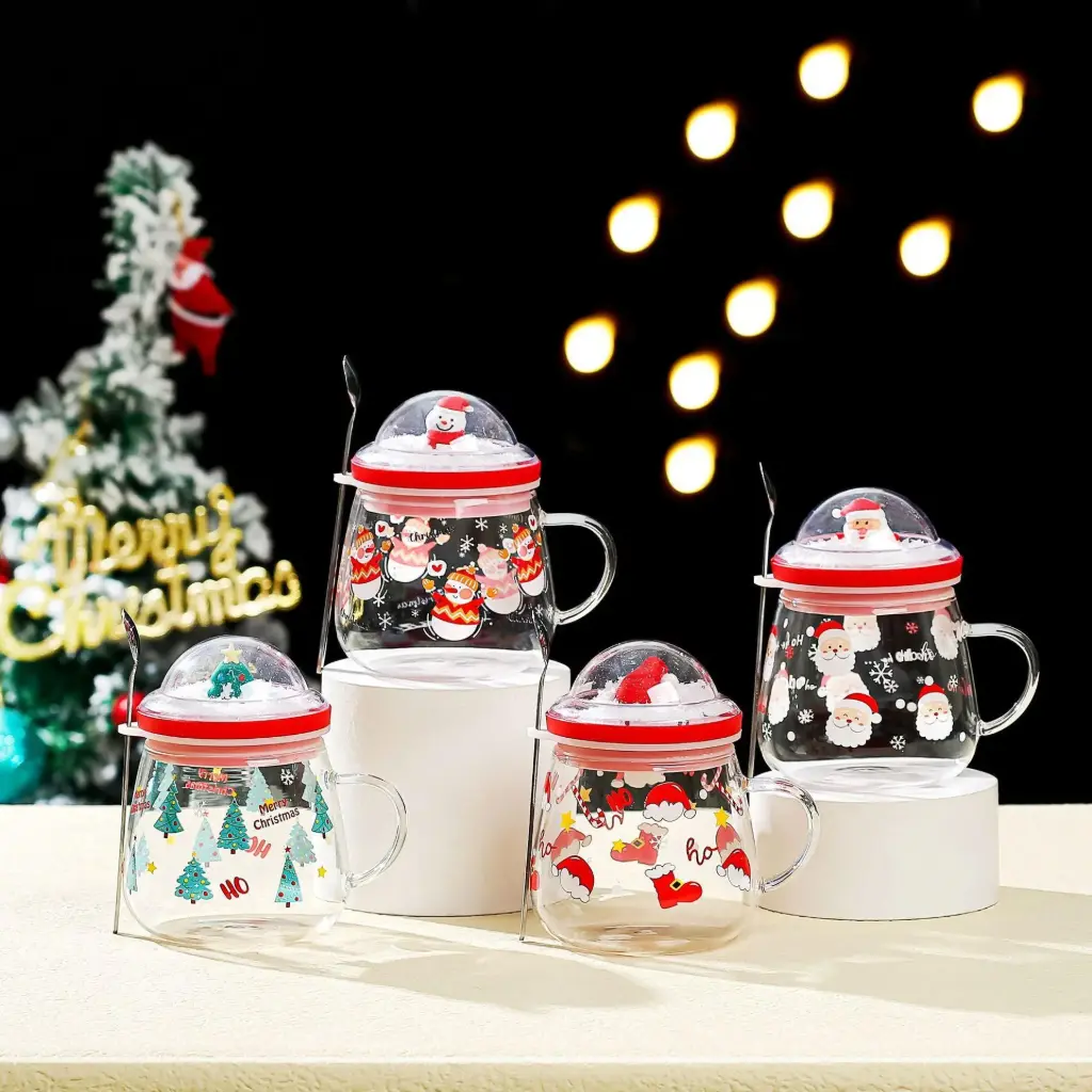 FESTIVE GLASS MUG WITH LID & SPOON-400ML