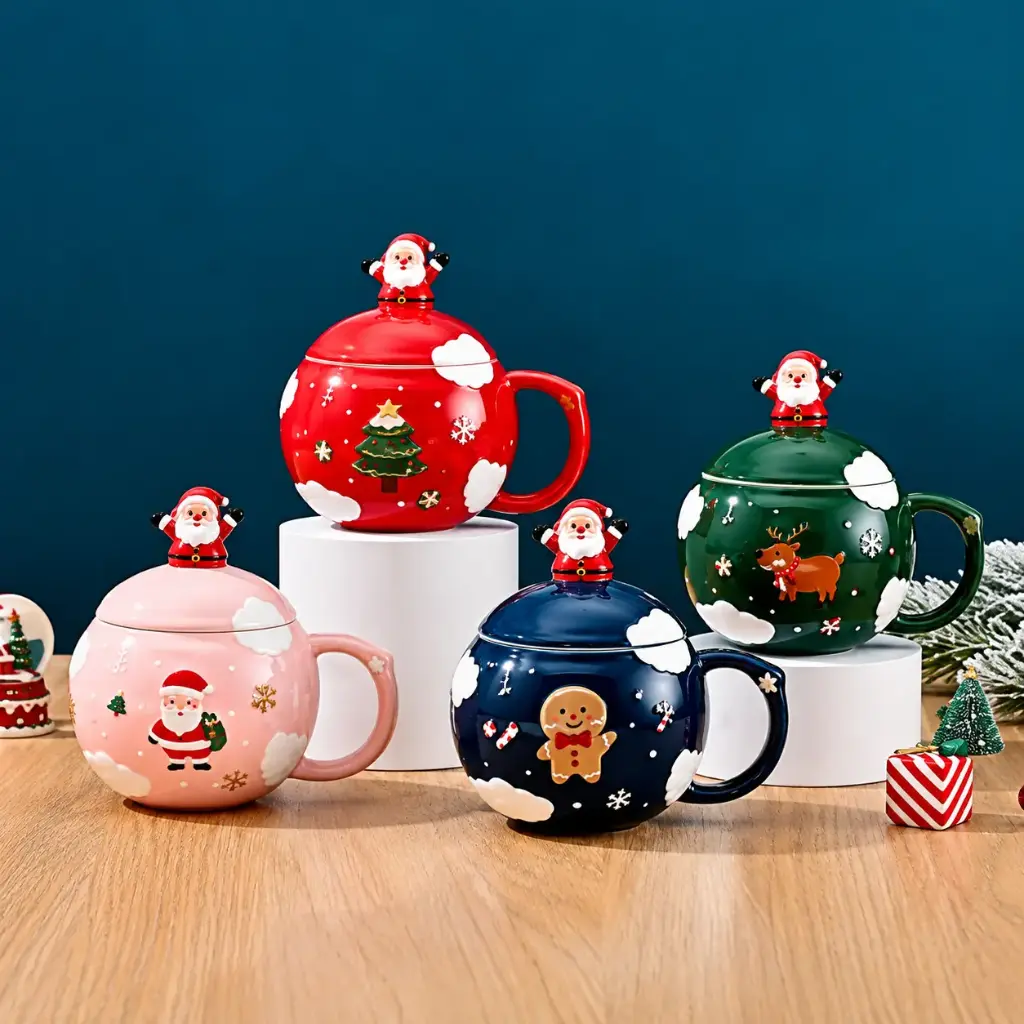 CERAMIC CHRISTMAS MUG W  LID & STIRRING SPOON-400ML