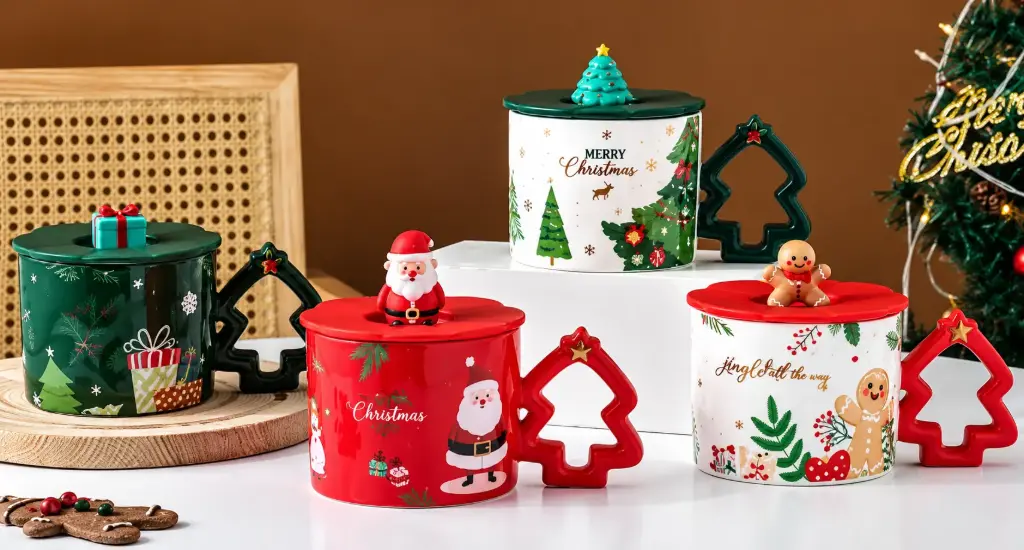 CERAMIC CHRISTMAS TREE  HANDLE CUP WITH LID-430ML