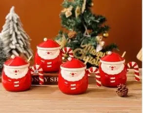 CERAMIC JOLLY SANTA  CHRISTMAS CUP WITH LID &  STIRRING SPOON-460ML