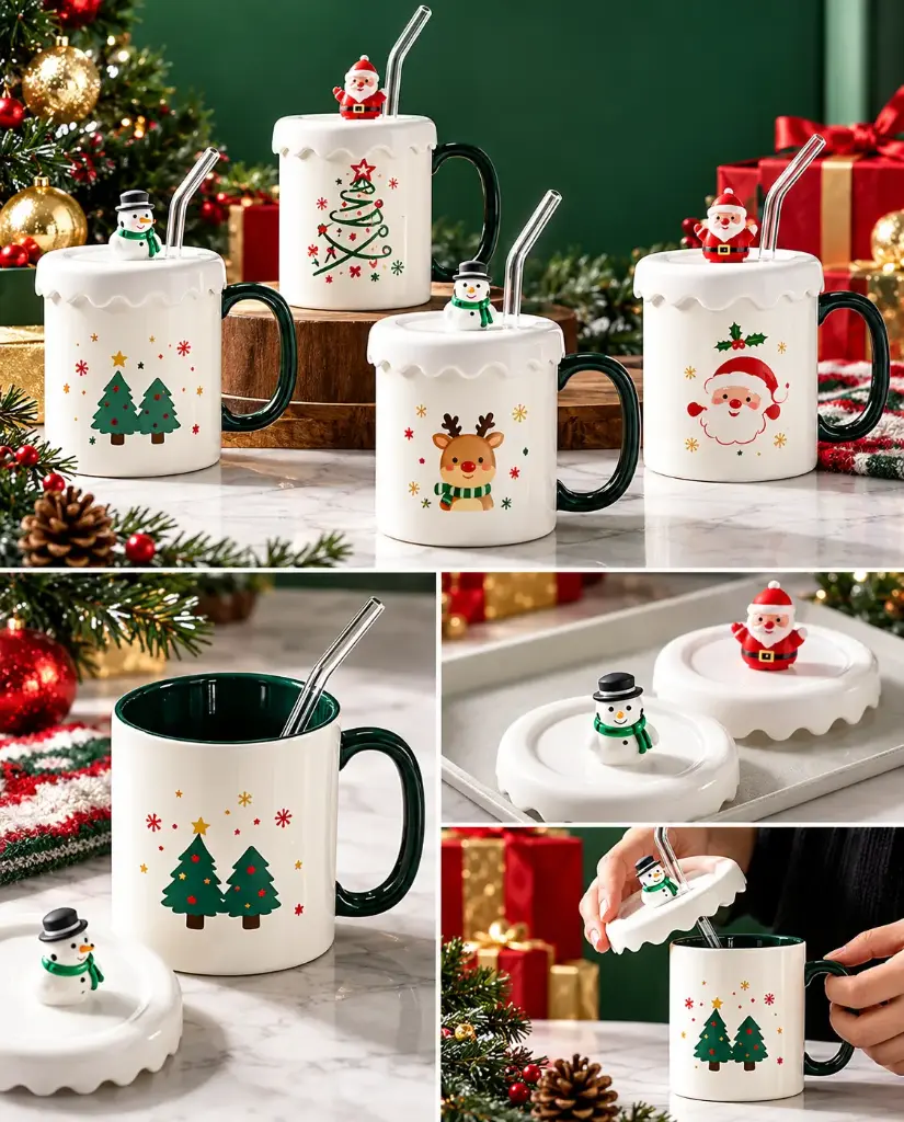 CERAMIC CHRISTMAS  CHARACTER MUG WITH LID &  STRAW-380ML