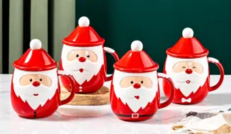 CERAMIC JOLLY SANTA  CHRISTMAS CUP WITH LID &  STIRRING SPOON-460ML