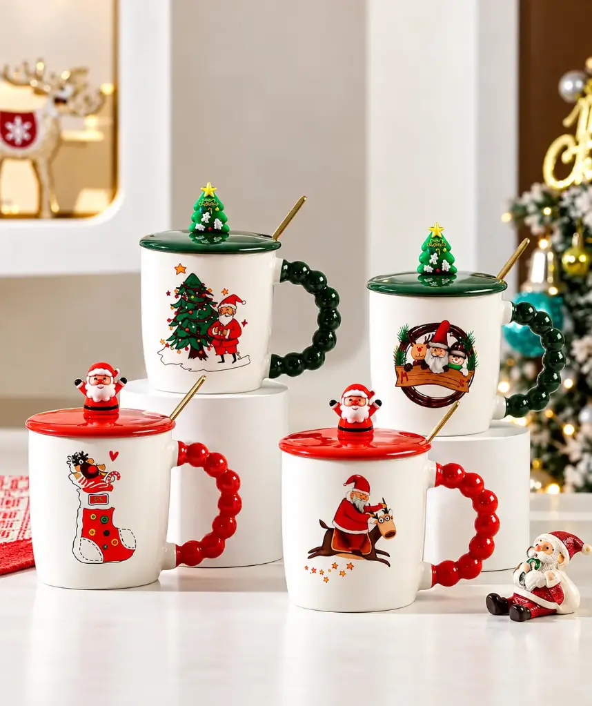 CERAMIC CHRISTMAS  CHARACTER MUG WITH LID &  STIRRING SPOON-340ML