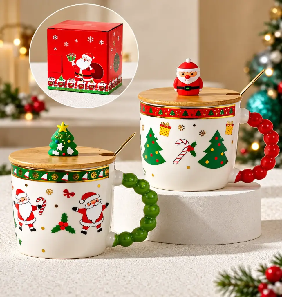 CERAMIC CHRISTMAS CHEER  CHARACTER MUG W BAMBOO  LID & STIRRING SPOON-350ML