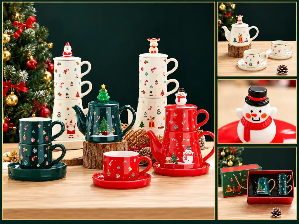 3PCS FESTIVE CERAMIC TEAPOT SET-  POT 520ML, CUPS 210ML