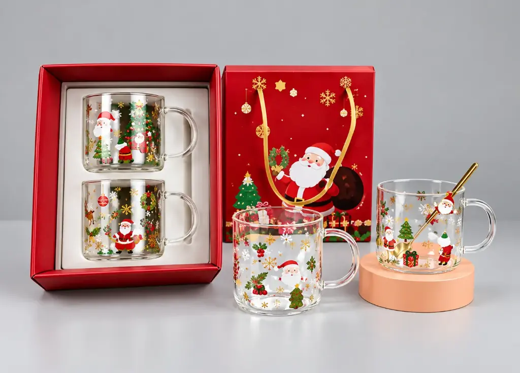2PCS FESTIVE GLASS MUG  WITH TEA SPOON GIFT SET
