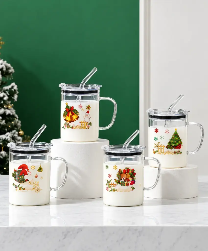 FESTIVE GLASS MUG WITH LID & STRAW-450ML