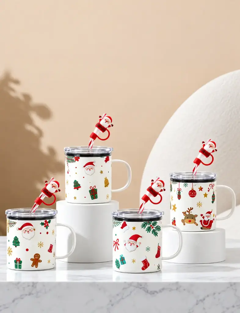 FESTIVE CHRISTMAS  GLASSMUG WITH LID &  CHARACTER STRAW-450ML