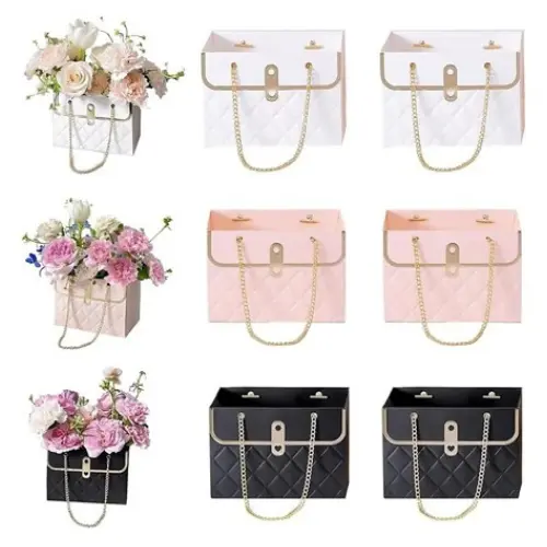 [32847] RECTANGULAR FLORAL GIFT BAG CHAIN HANDLES INCLUDED   COLORS: BLCK, PINK, RED, WHITE- CASE QUANTITY: 300 SIZE: 6*4*4" 