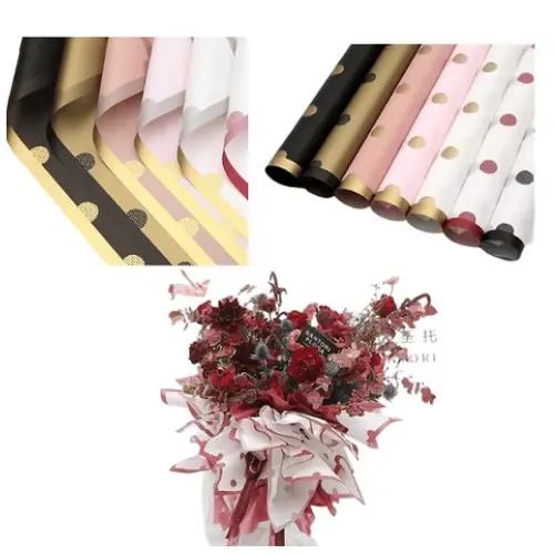 [33077] 20PCS POLKA-DOT FLORAL WRAPPING PAPER COLORS: BLACK/GOLD -CASE QUANTITY: 100 SIZE: 22*22"              