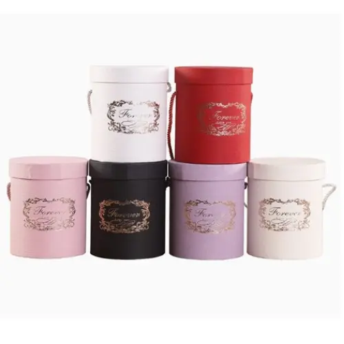 [33194] 3PCS ROUND GIFT BOXES COLORS: BLUE, BROWN, LILAC,  PINK, RED, WHITE  CASE QUANTITY: 18 SIZE:  S - 7*5"            M - 9*6"  L - 10*6"