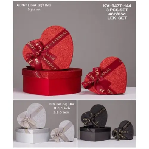 [32715] 3PCS HEART SHAPED GIFT BOX  COLORS: BLACK, GOLD, RED-CASE QUANTITY: 36 SIZE: S - 6*5.5*2"            M - 7*6*3"            L - 9*8*4" 
