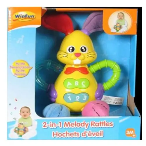 [0610-34] BRIGHT BUNNY RATTLE- 2 light-up buttons play fun  sentences & cheerful melodies- textile plastics & fabrics for tactile stimulation- free spinning shaped rings &  teethable antenna  CASE QUANTITY: 12 PCS  SIZE: 20.32x 20.32 cm