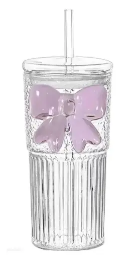 [FAZE0023] 3D PINK BOW GLASS CUP INCLUDING STRAW AND LID 