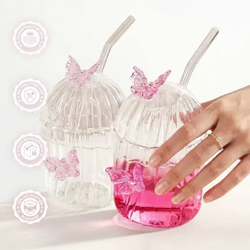 [FAZE0024] BUTTERFLY RIBBED GLASS W STRAW COLORS BLACK, PINK 